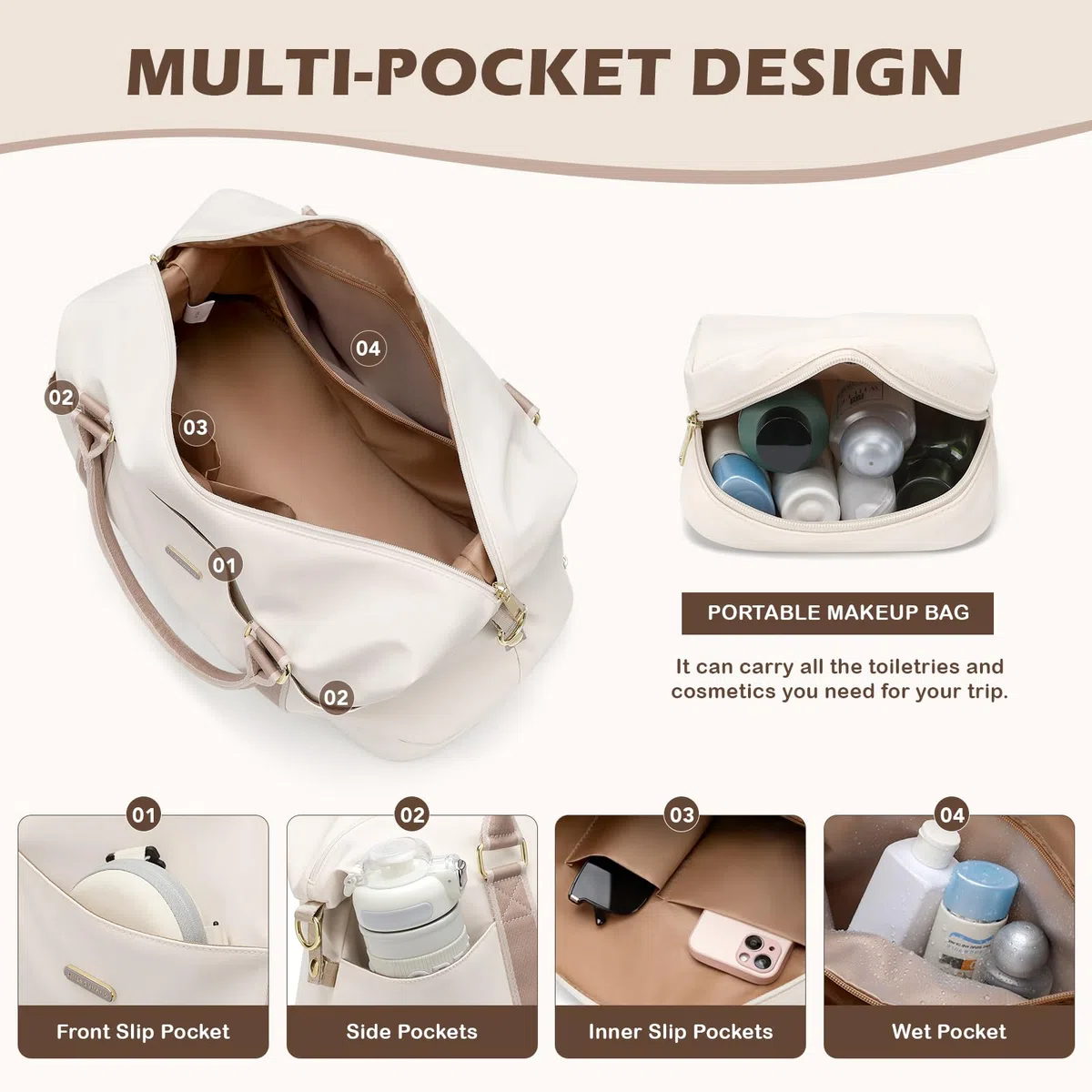 46L Reisetasche Damen, Groß Weekender Handgepäck Tasche mit Kosmetiktasche, Schuhfach & Nassfach, Kliniktasche, Trainingstasche, Sporttasche, für Flugzeug Reisen (Cremefarben)