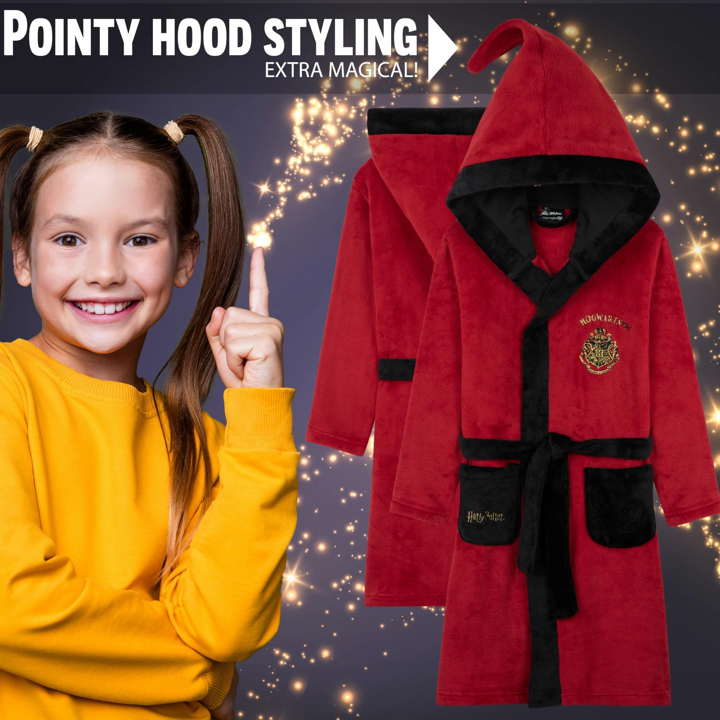 Harry Potter Mädchen Fleece Bademantel mit Kapuze, Taschen & Gürtel - kuscheliger Morgenmantel