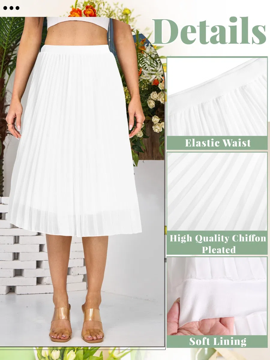 Soudittur Damen Sommer Chiffon Rock A-Linie Plissee-Rock Midilänge Faltenrock mit Elastischer Taille Leichter Flowy Midirock für Freizeit, Strand & Party