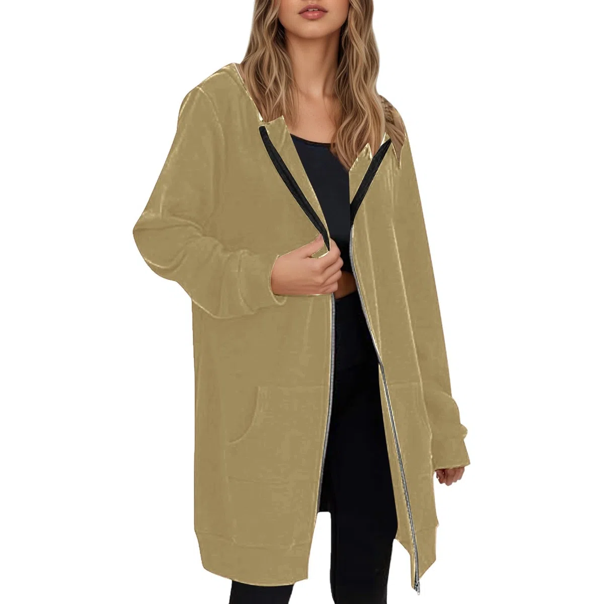Damen Lange Kapuzenpullover mit Reißverschluss Hoodie Jacke Langarm Pulli Sweatjacke Sweatshirts Streetwear Strickjacke Taschen Kapuzenjacke Lang Kapuze Mantel