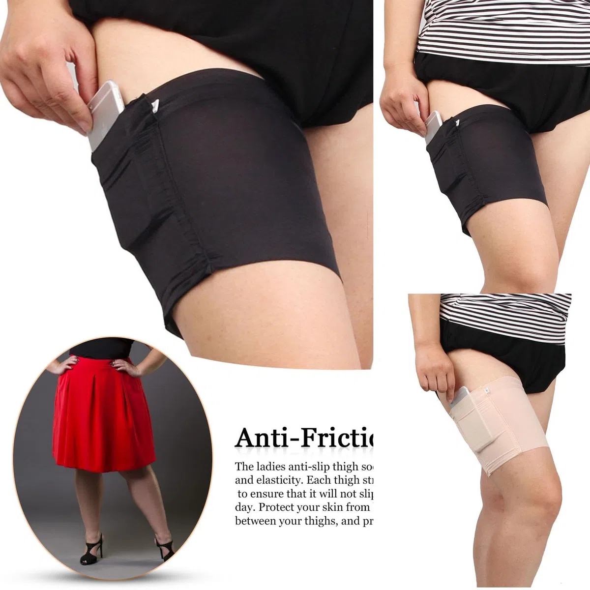 TAOLE Damen Oberschenkel Bänder mit Taschen, Anti-Reibungs Handy-Socken mit Silikonbändern, Rutschfest, Bequem, S, Schwarz