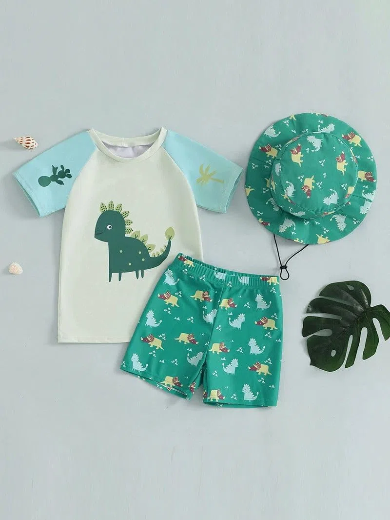 2-teilig Kleinkind Baby Jungen Badeanzug UPF 50+ UV-Schutz Kurzärmel T-Shirt + Badeshorts mit UV-Schutz Sonnenhut Rashguard Reißverschluss Badeset Schwimmanzug