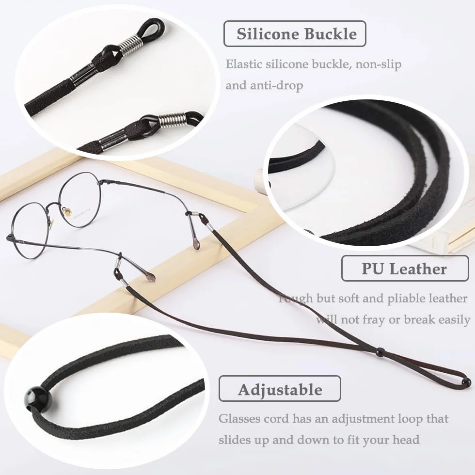 3 Stück Universal Brillenband aus Leder für Sonnenbrille - Brillenbänder Brillenkette Schwarz Einstellbarer Brille Cord für Damen und Herren