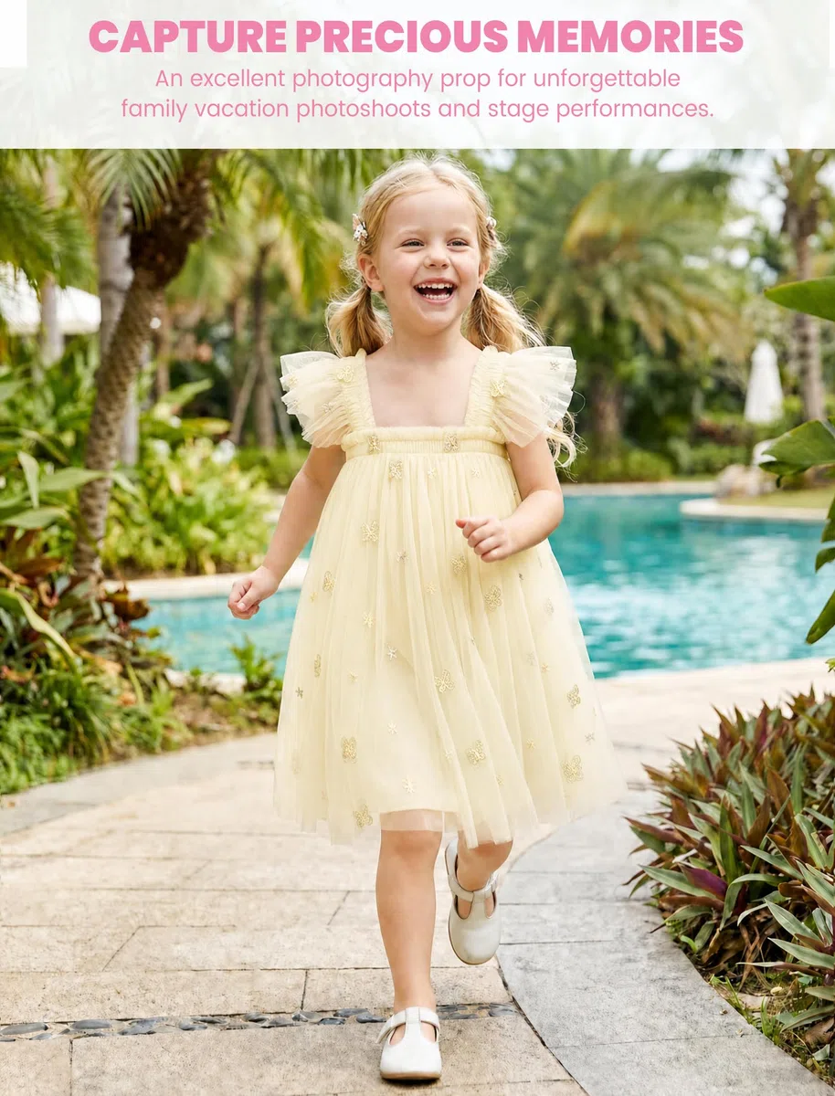 JiAmy Mädchenkleid mit Trägern, Flügelärmeln und Tüll