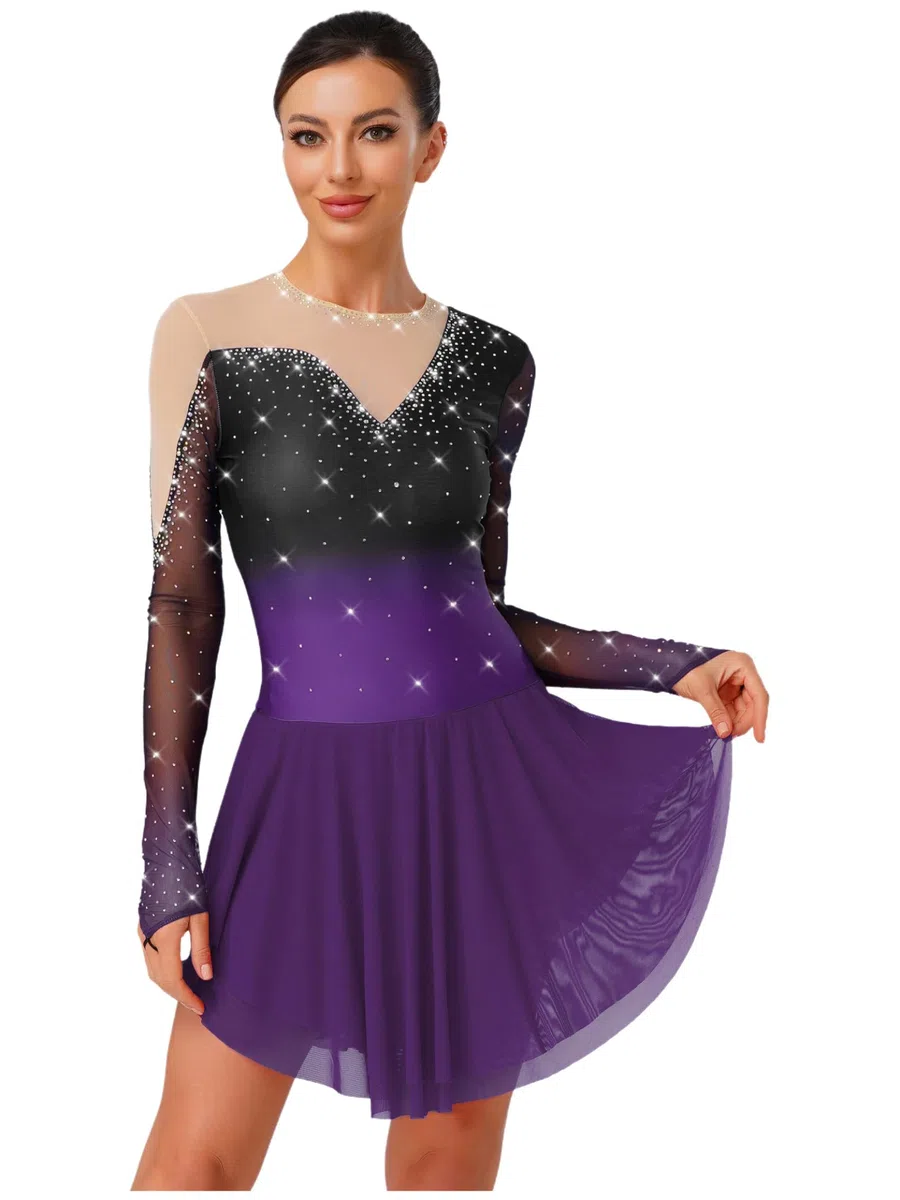Linjinx kürkleider Eiskunstlauf Kleid Damen Kürkleid Rollkunstlauf Langarm Strass Ballettkleid Gymnastikbody Mit Chiffon Rock Tanzanzug
