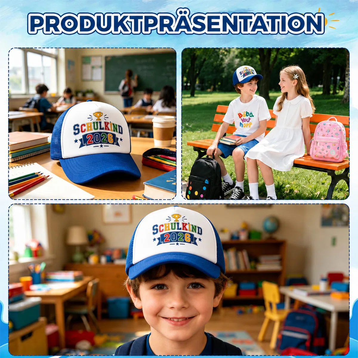 AHEJIOO Einschulung Geschenk – Baseballcap mit Pokal-Motiv – Schulkind 2026 Junge Schultüte füllung, Ideales Schulkind Einschulung Junge Outfit Accessoire, Blau-Weiße Mütze für den Ersten Schultag