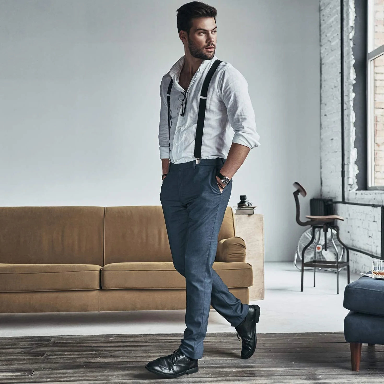 DonDon Hosenträger Herren extra stark 3,5 cm Hosenträger Herren breit mit brauem Leder in Y-Form lang - Starke Clips passend für Anzug Jeans Chinos Vintage Rockabilly Suspenders