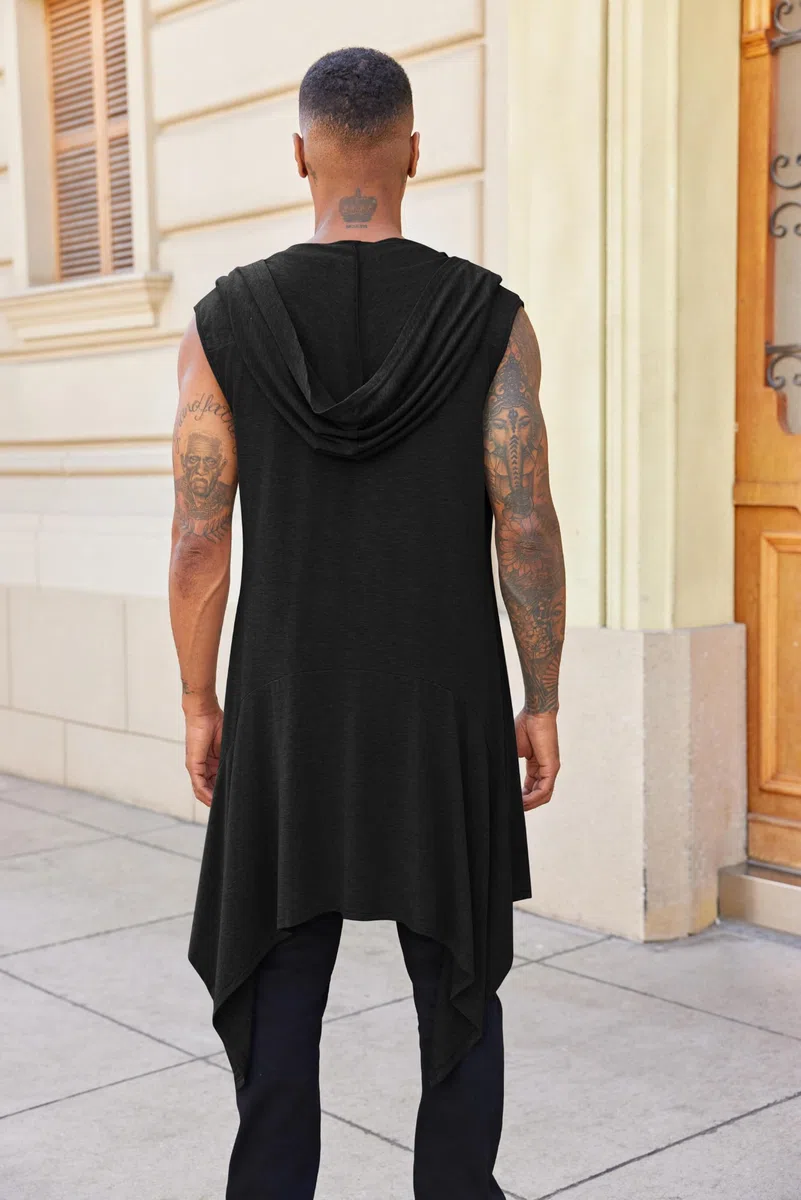 Runcati Herren Rüschen Jacke Lange Kapuze Ärmellos Schal Kragen Cardigan Drapiert Einfarbige Leichte Cape Mantel