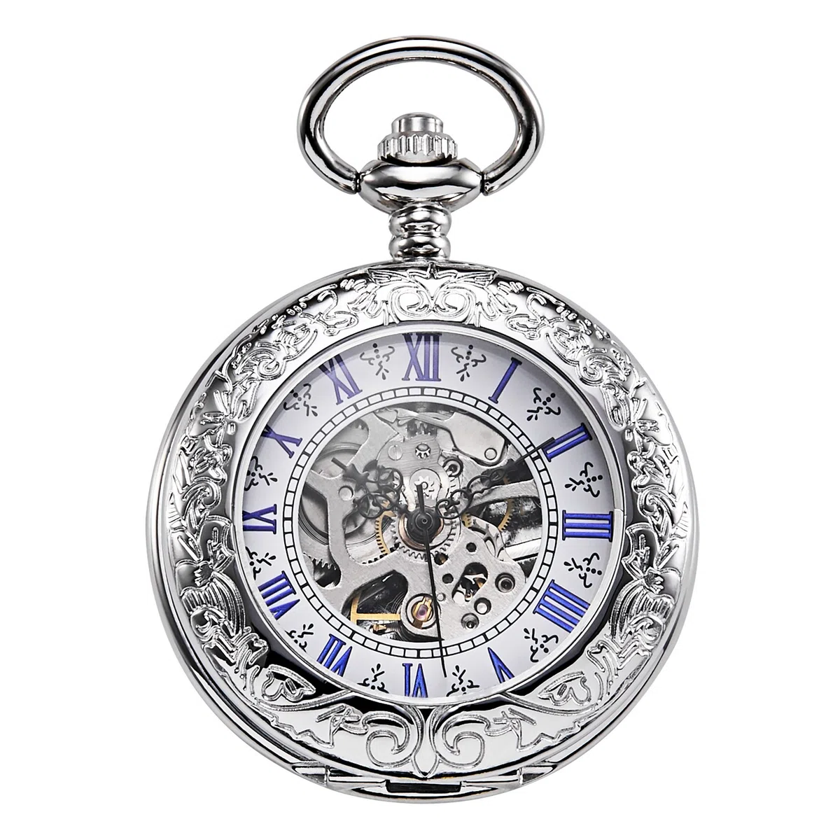TREEWETO Taschenuhr mit Kette Herren Analog Handaufzug Antik Skelett Lupe Silber
