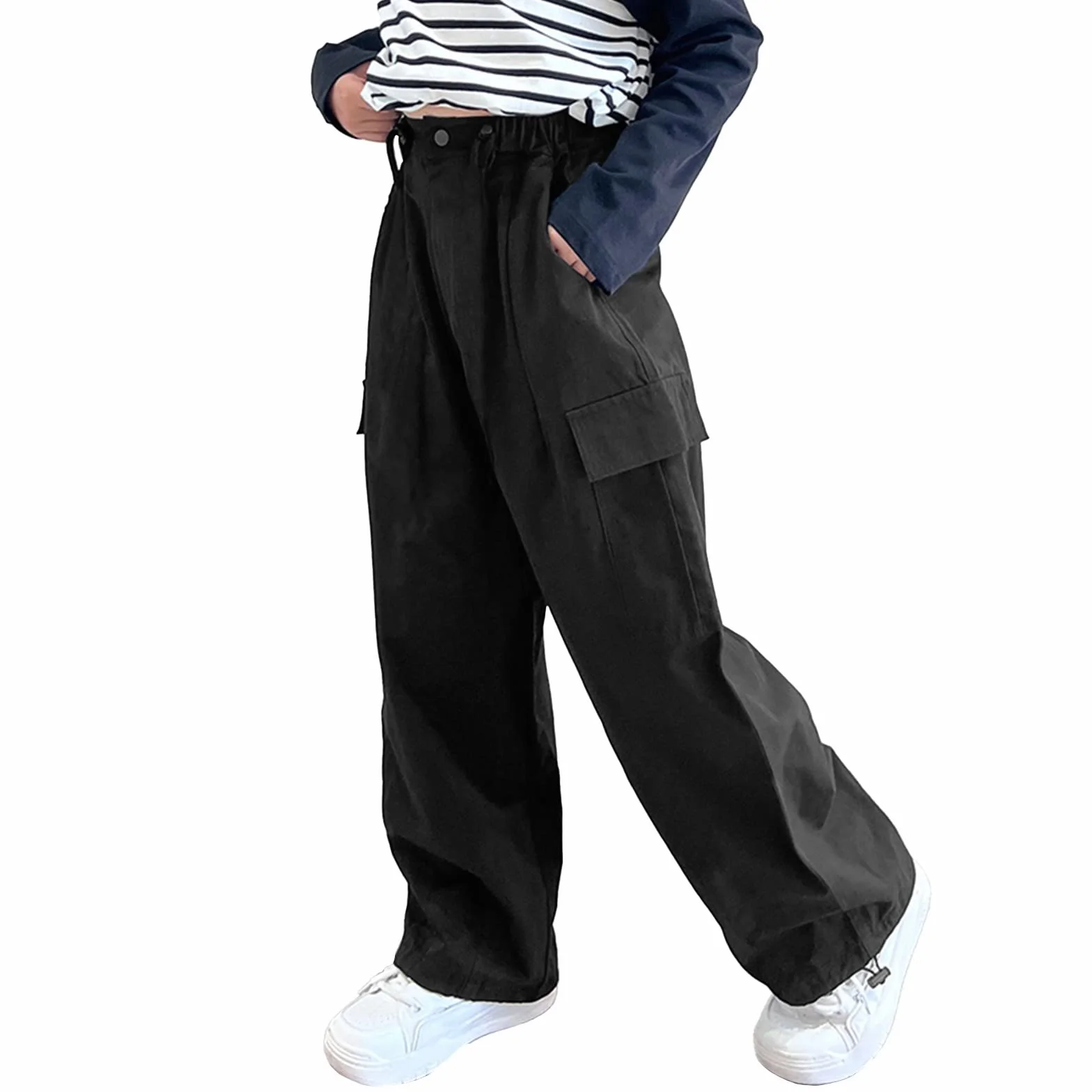 Rolanko Mädchen Cargohose, Baumwoll Baggy Hose mit Elastischer Taille und Mehreren Taschen für Kinder von 6–15 Jahre