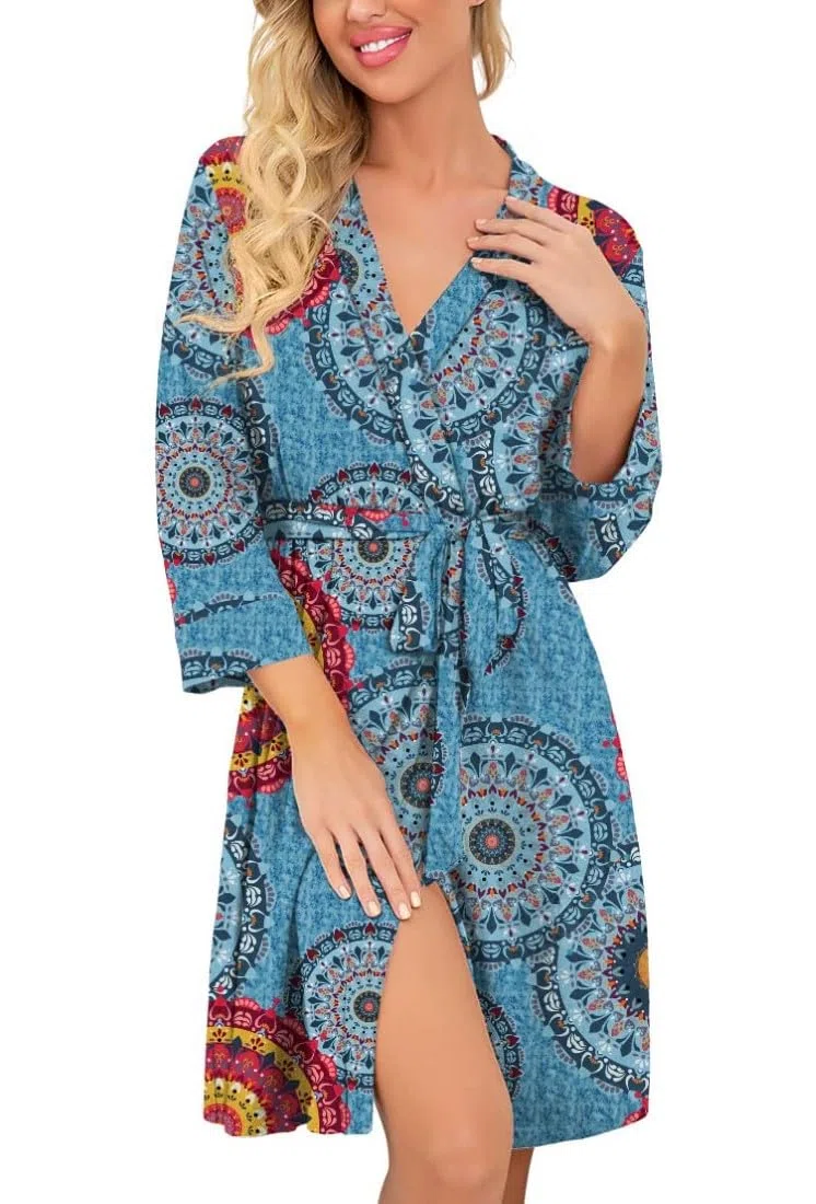 PrinStory Bademantel Für Damen Leichter 3/4 Ärmeln Morgenmantel Kimono Roben Kurz Nachtwäsche