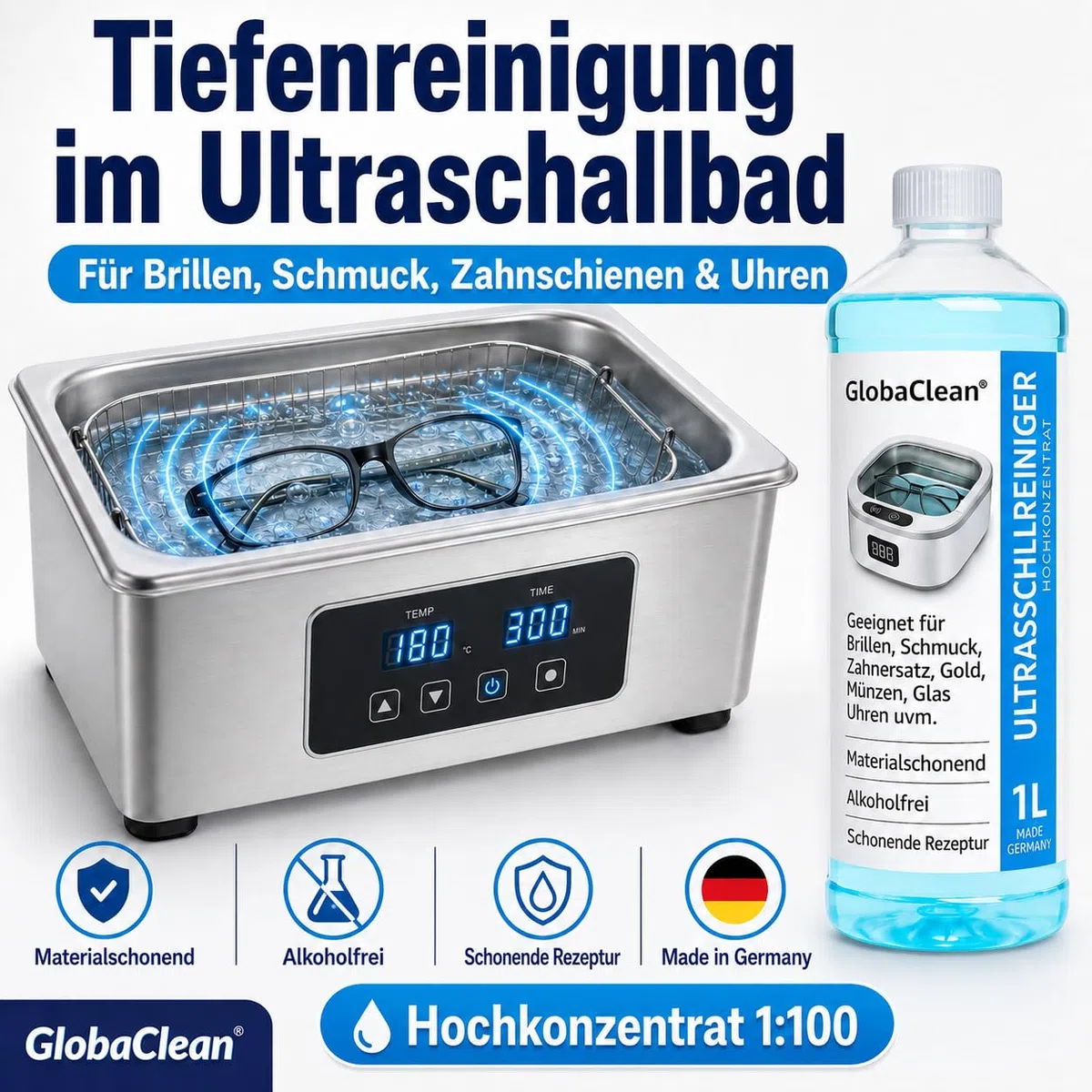 Ultraschallreiniger Konzentrat 1 L - Ultraschall Reinigungsmittel für Brillen, Schmuck, Zahnersatz, Werkstatt - Ultrasonic Cleaner