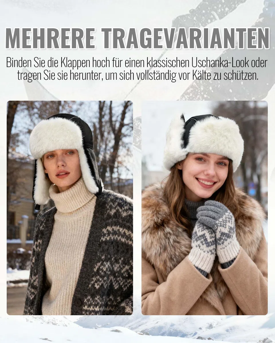 Clakllie Warme Fliegermütze Winddicht Trappermütze mit Kunstpelz Ohrenklappen Outdoor Wintermütze mit Ohrenklappen Unisex Bomber Hut Uschanka Mütze
