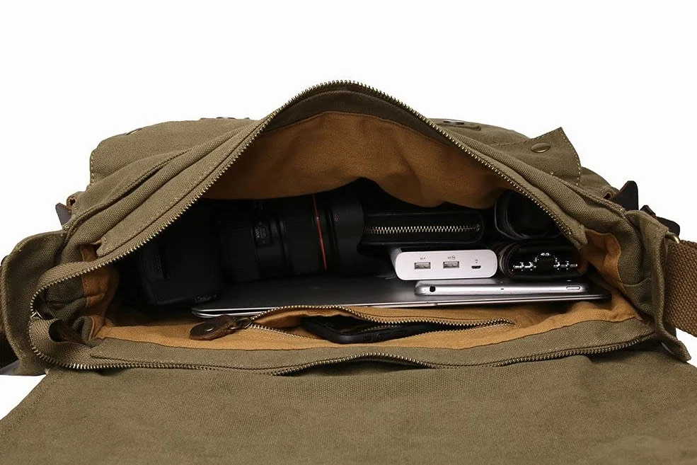 Sechunk Vintage Militär Leder Umhängetasche Canvas Laptop Tasche Retro Messenger