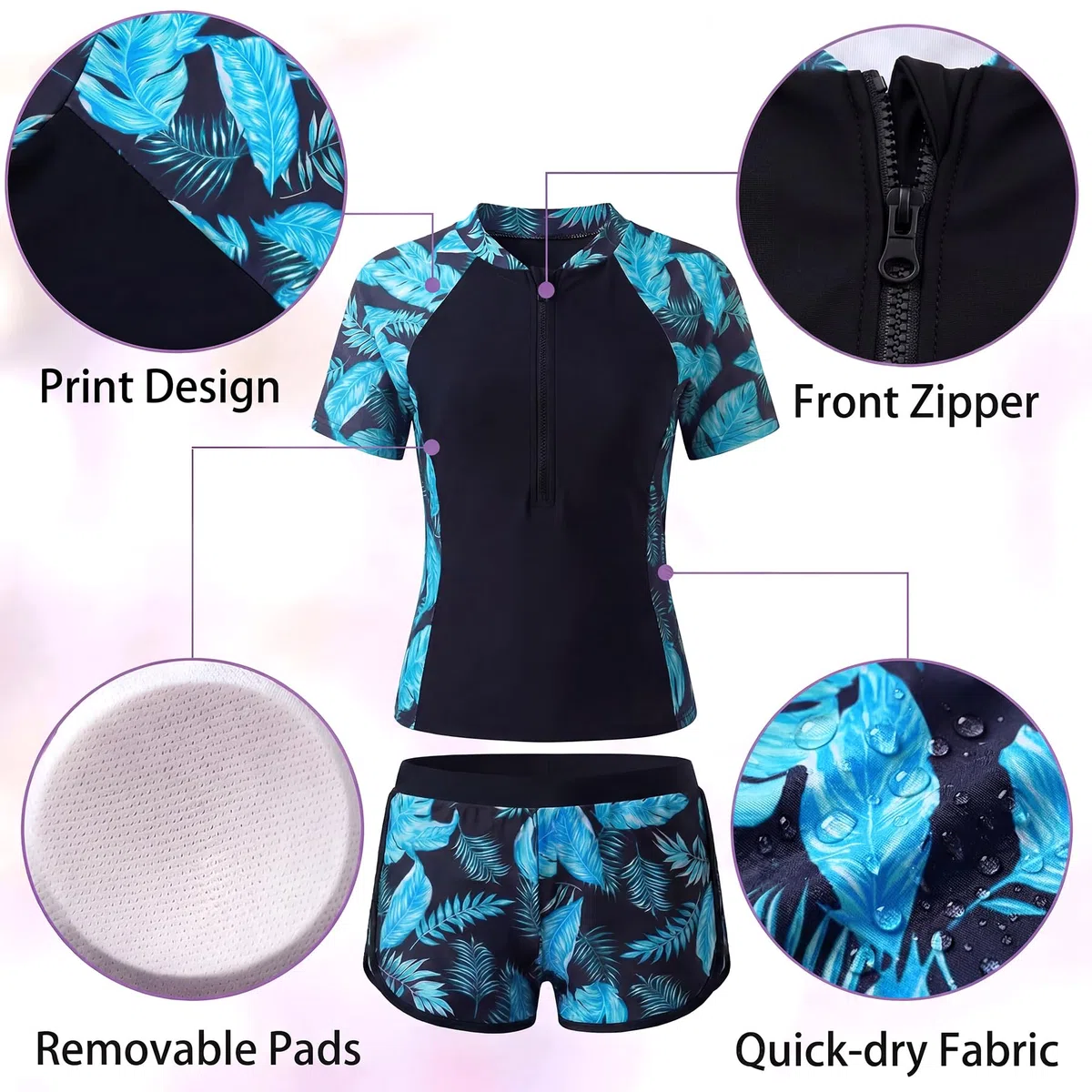 Badeanzug Mädchen Zweiteiliger Rashguard Set Kurzarm Schwimmanzug mit Soft-Pads Badeshirt & Badeshorts UV Sonnenschutz Zip Schwimmshirt Badebekleidung für Kinder 5-14 Jahre