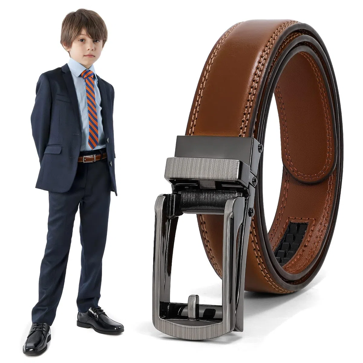 XZQTIVE Junge Ratsche Ledergürtel Easy Slid Klick Schnalle Auto Gürtel für Kinder Schule Uniform Kleid Jeans