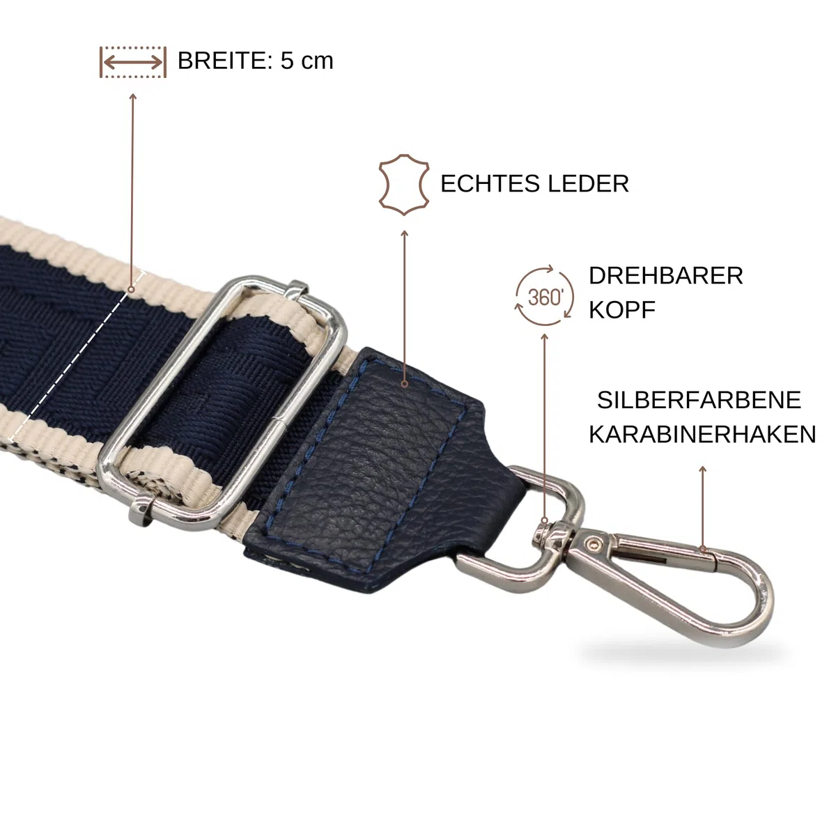 BRISE Taschengurt für Damen & Herren, 5 cm Breiter Schultergurt, Verstellbarer 80-130 cm Taschenriemen aus Polyesterstoff und Leder, Stylischer Riemen mit 360 Drehbarer Kopf, DIY-Zubehör