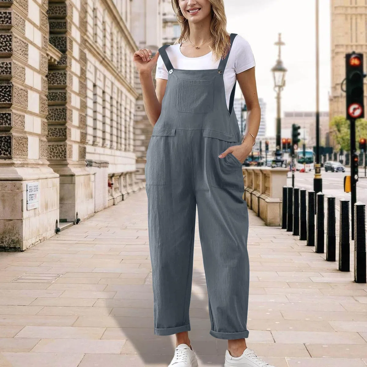 Latzhose Damen Baumwolle Leinen Jumpsuit mit Träger Oversize Sommer Ärmellos Overall Baggy Musselin Arbeitshose Leichter Sommerhose mit Mehreren Taschen Atmungsaktiver Einfarbig Bib Pants