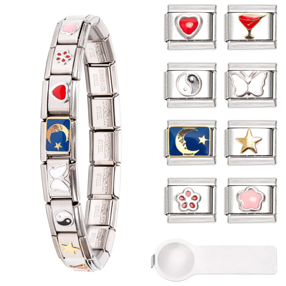 Italian Charms Bracelet, 8 zusätzlich Italian Charms mit Öffnungswerkzeugen,9mm Abnehmbar Module für Italienische Armbänder, Edelstahl Italian Charm Bracelet Charms, Italian Style Charms für Damen
