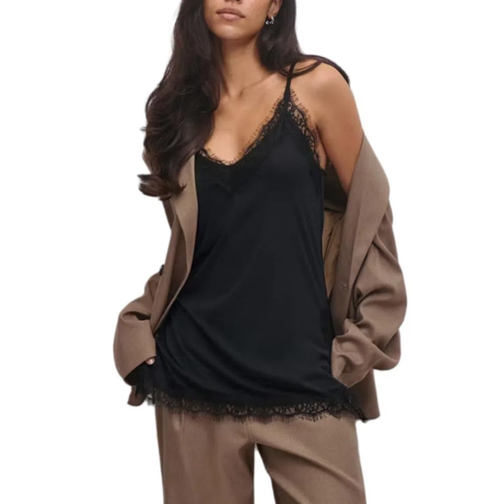 Camisole Tops für Damen, Satin, Spitze, Patchwork, V-Ausschnitt, langes, fließendes Spaghettiträger-Tanktop, Sommer-Outfits