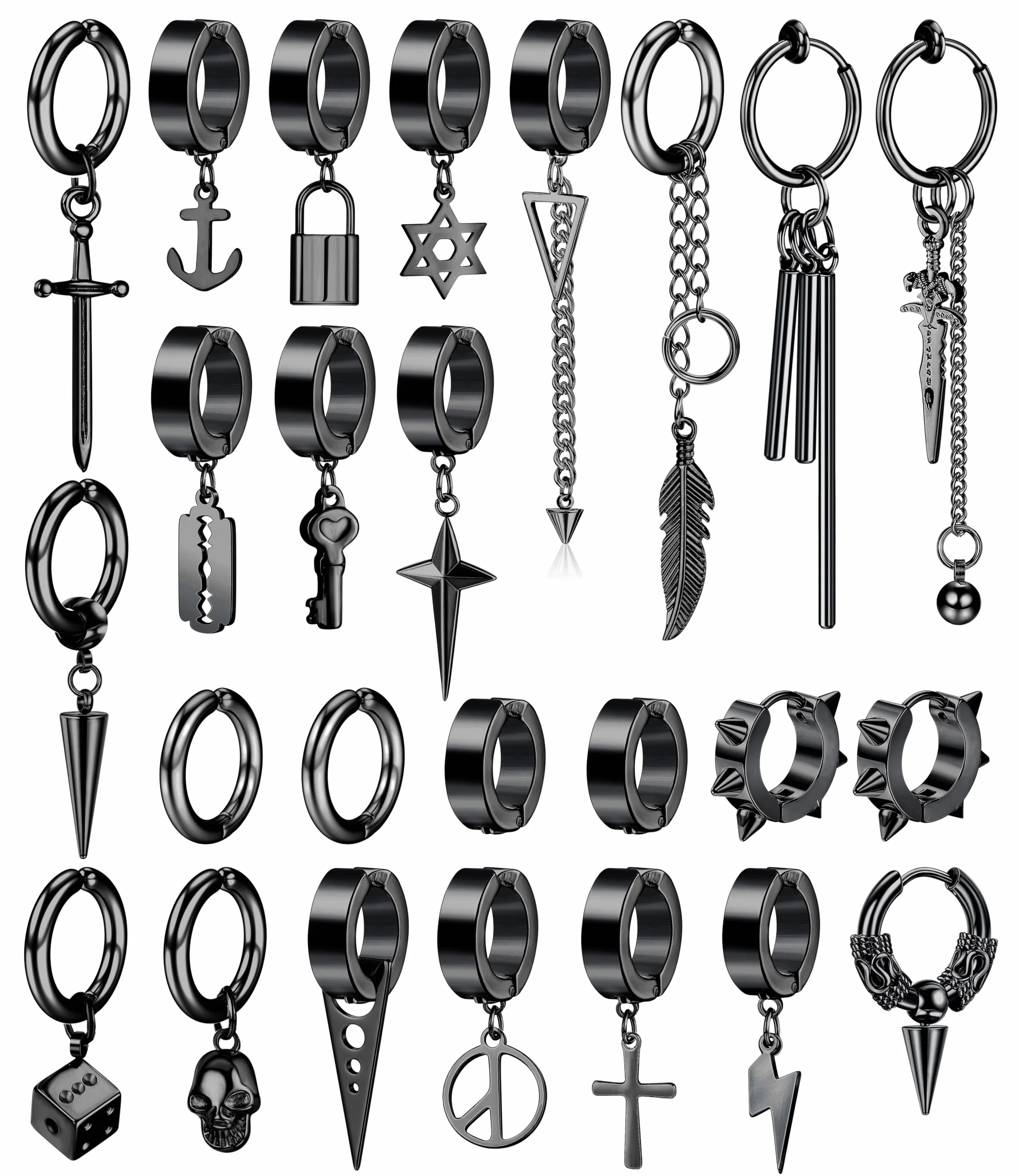 Diamday 25 Stück Ohrclips für Herren - Edelstahl Kreuz Kette Baumeln Ohrringe Schwarz Huggie Non Pierced Punk Gothic Kpop Set Fake Creolen