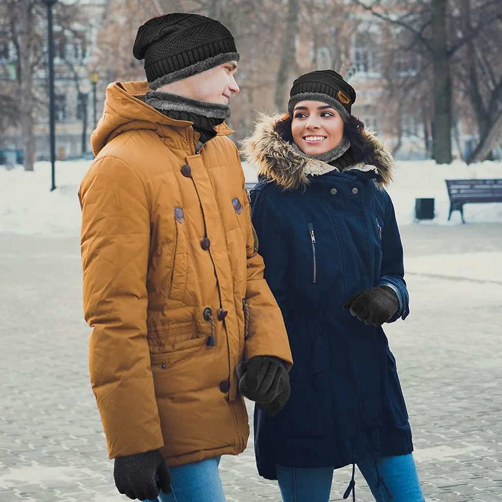 Wintermütze Schal Touchscreen Handschuhe Set - Unisex Beanie Strickmütze Winterschal Thermo Handschuhe | Fleecefutter Warme Knit Hut Loop Schal Rutschfeste Handschuhe | für Herre Ski 3-in-1 Winter-Set