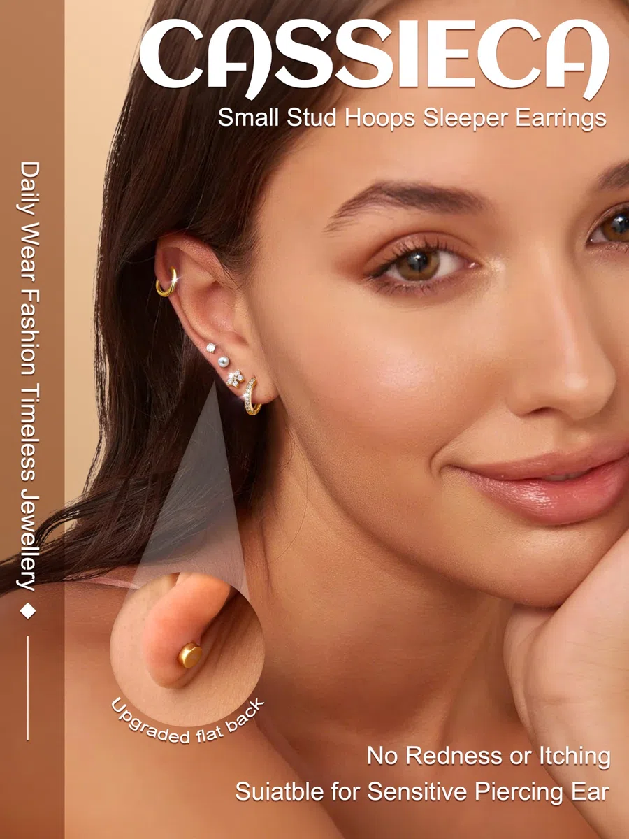 CASSIECA 12 Paar Ohrringe Gold Silber Set, 316L Chirurgenstahl Ohrringe für Damen Herren Medizinische Ohrstecker und Creolen für Mehrfachpiercing 14K Vergoldet Helix Tragus Piercing Ohr Gold Silber