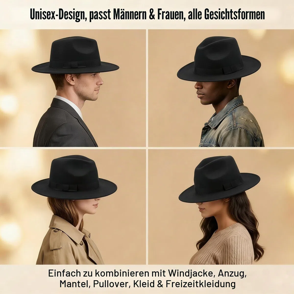 VASANA Schwarze Fedora- und Panama-Hüte, breite Krempe, Schleife, warm, Unisex, Schlapphut für Performance, Party, Show, Cosplay, Hochzeit, Alltag (56-58 cm), Schwarz, M