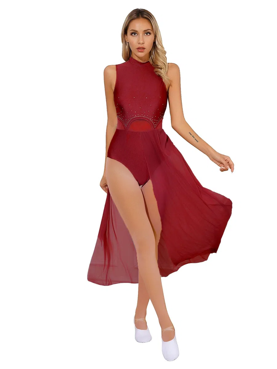 iEFiEL Damen Tanzkleid mit Strass Mesh Ballettkleid Ballett Trikotanzug Jumpsuit Tanzbody Overall Gymnastik Wettbewerb Tanzkostüm