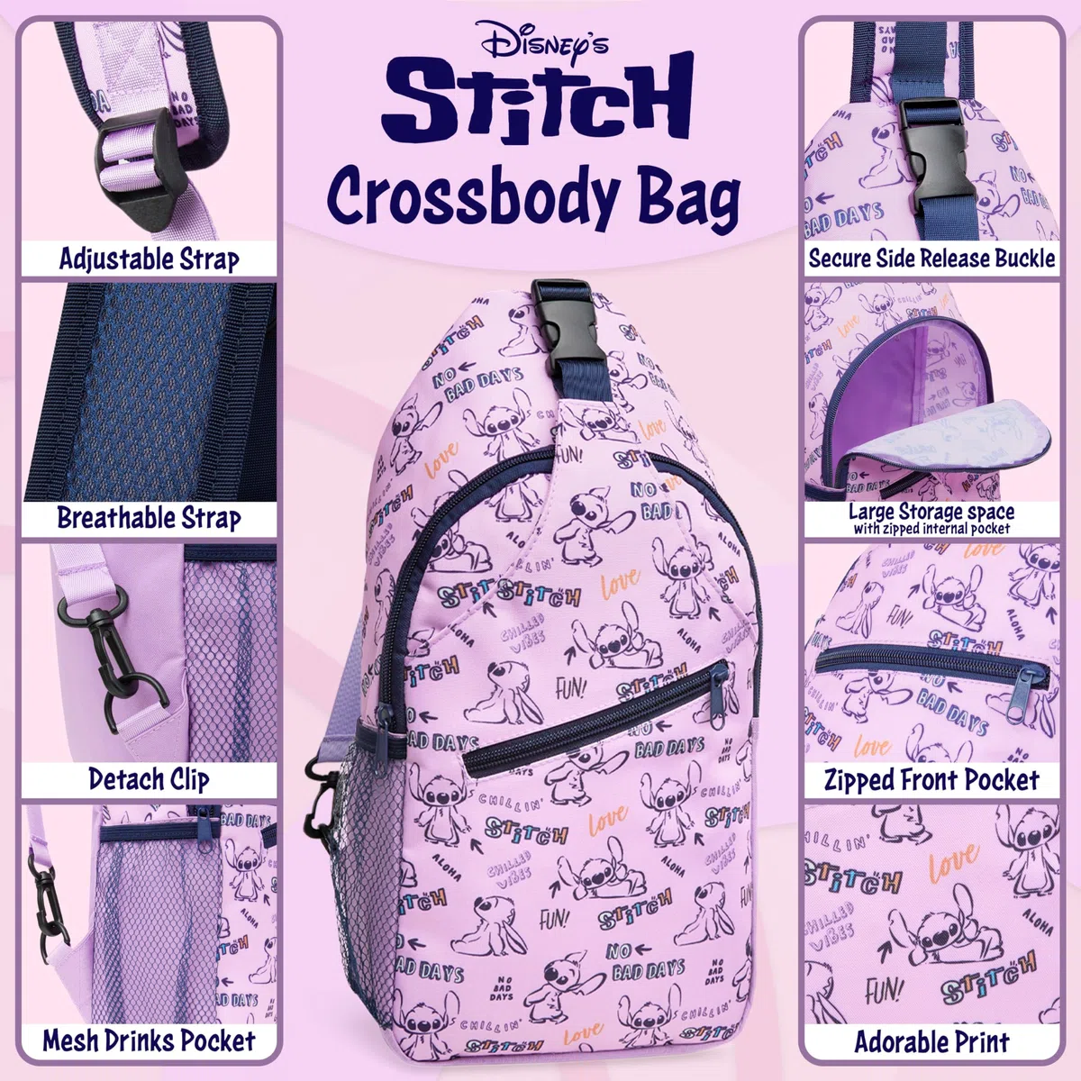 Disney Stitch Sling Bag, Brusttasche Umhängetasche mit Gepolstertem Träger & Mehreren Fächern- Geschenke für Mädchen