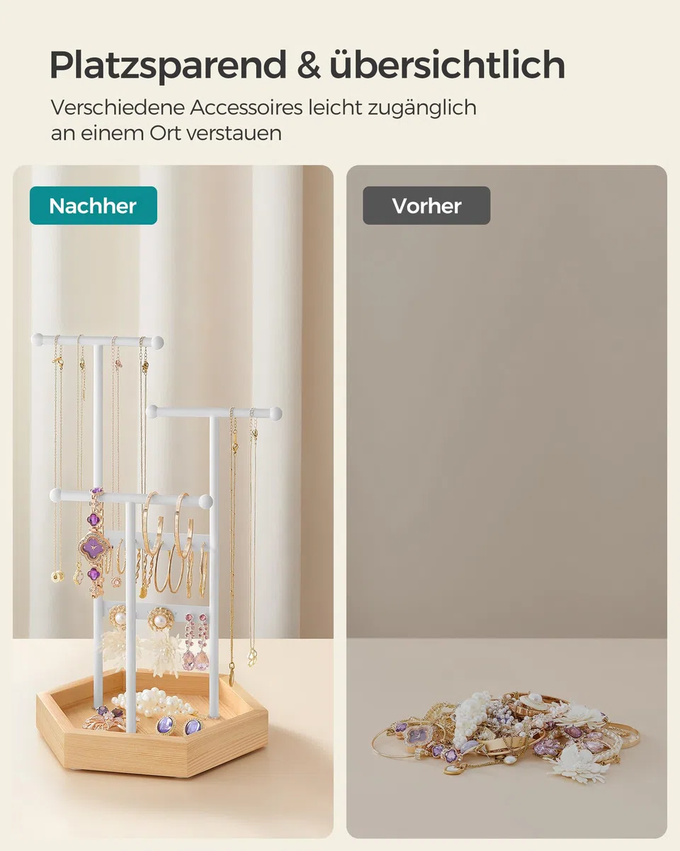 SONGMICS Schmuckständer, Schmuckhalter, 4 getrennte Bereiche, Ohrringhalter aus Metall, Schmuckaufbewahrung für Halsketten Armbänder Ohrringe, Geschenkidee, weiß-naturbeige JJS03NW