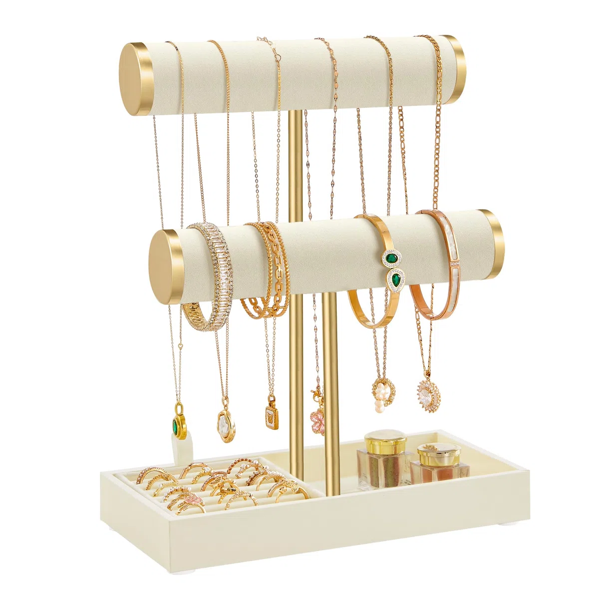 SONGMICS Armbandhalter-Ständer, Schmuck-Display-Ständer, Schmuck-Organizer, mit 3 Ebenen und Samt-Tablett, abnehmbarer Ringhalter, Creme-Weiß und Hellgold JJS039W101