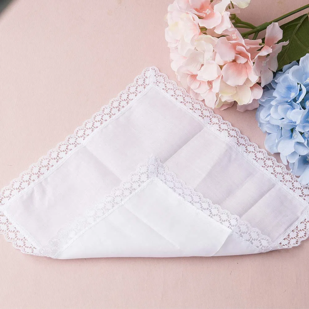 HOULIFE 6/12 Stücke Damen Klein Weiß Taschentücher aus Reiner Baumwolle mit Spitzen 25x25cm für Alltagsgebrauch&Hochzeit