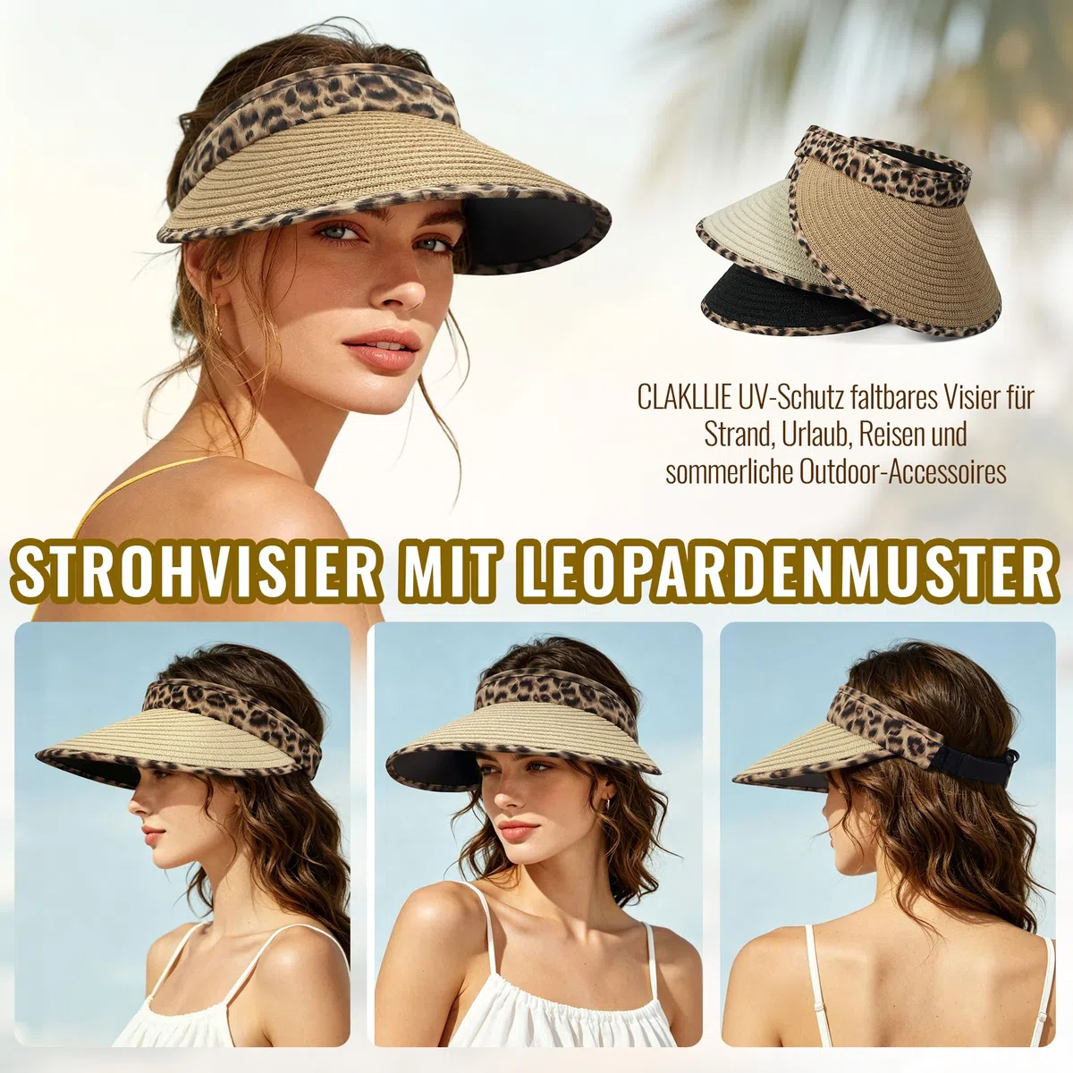 Clakllie Sommer Sun Visor Cap Damen UV-Schutz Stroh Sonnenhut mit Breiter Krempe Leopard Sonnenschild Outdoor Sport Golf Tenniskappe