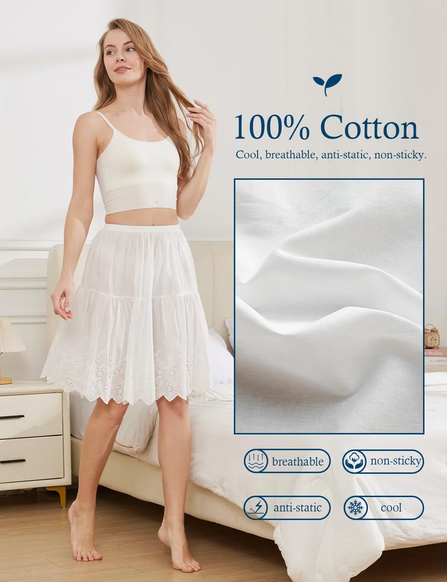 BEAUTELICATE Unterrock Damen 100% Baumwolle Vintage Petticoat Unterrock Lang Kurz Halbrock mit Spitze Stickerei für Dirndl 50er Jahre Rock Ivory Schwarz 55cm