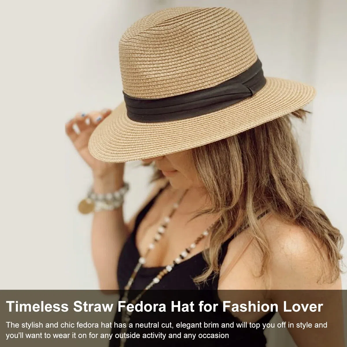 DRESHOW Damen Panama Hut Breiter Krempe Stroh Sommer Fedora Strohhut Panama Aufrollen Hut Strand Rollbar UV Sonnenhut UPF 50 +