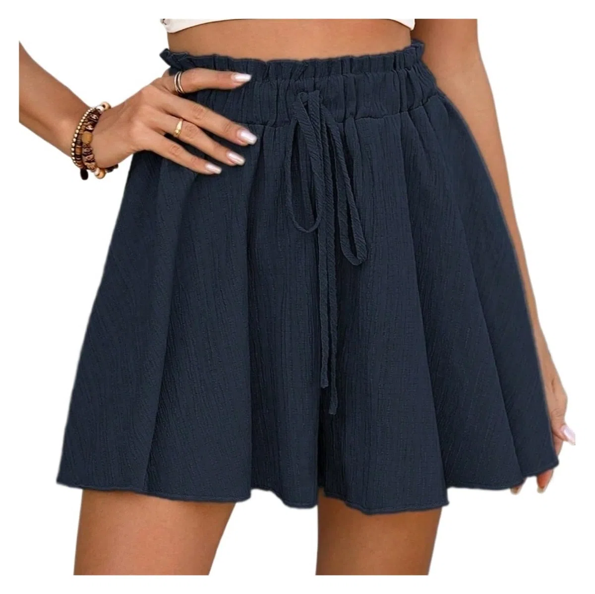 Damen-Skort mit hohem Bund und Kordelzug, lässige, solide, fließende Minirock-Shorts in A-Linie