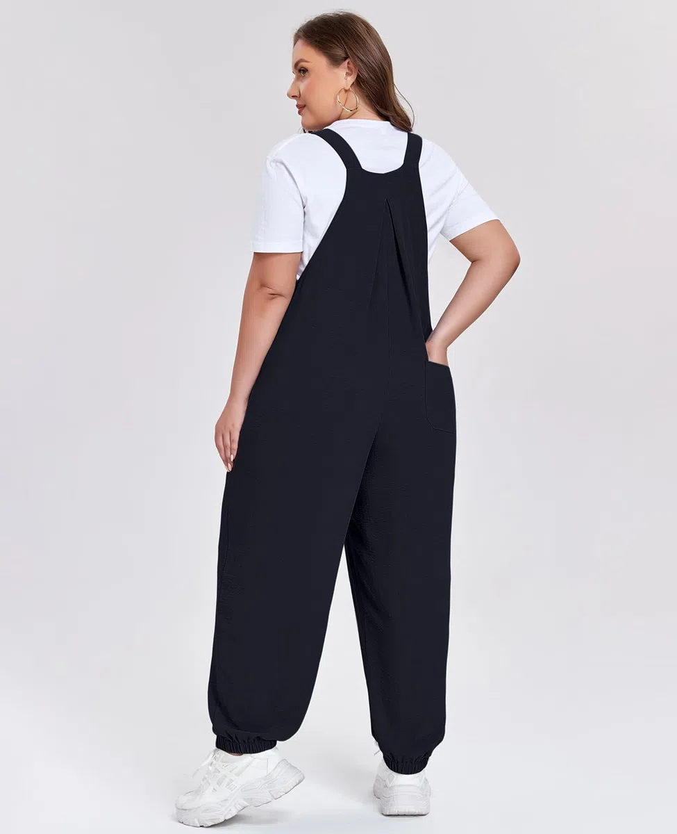 Moon Wood Damen Latzhosen Oversize mit Elastischem Saum Casual Baggy Sommer Jumpsuit Overall mit Trägern und Taschen Große Größen