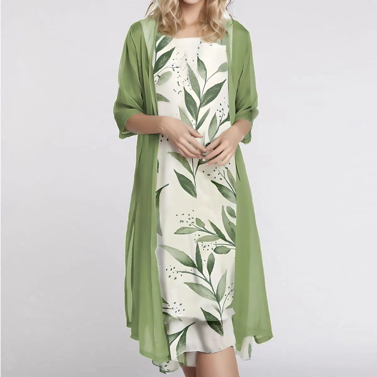 Chiffonkleid Set Damen: Festlich Abendkleid+Chiffon Strickjacke, Elegant Lang Sommer Brautkleider Zweiteiliges Schicke Knielang Sommerkleider Anzug Große Größen Cocktailkleid Strandkleid