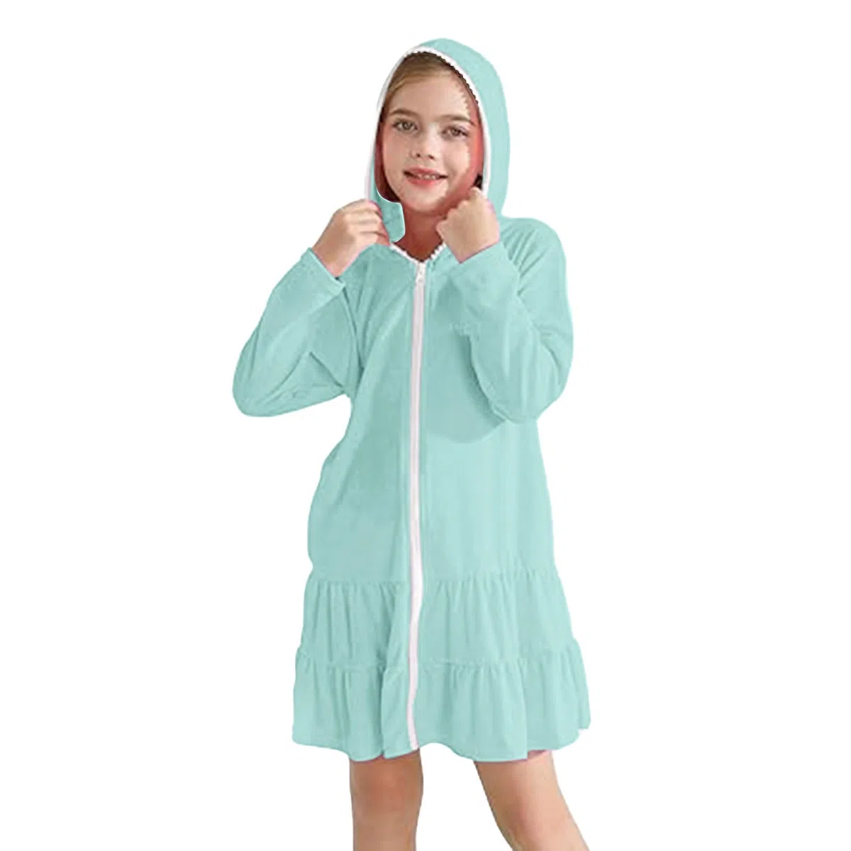 Badeponcho Kinder Reißverschluss Kapuze Cover Up mit Sonnenbrille Saugfähige Frottee Strandkleid Rüschen Gemütlich Strandtuch Sommer Mädchenkleid Langarm Bademode