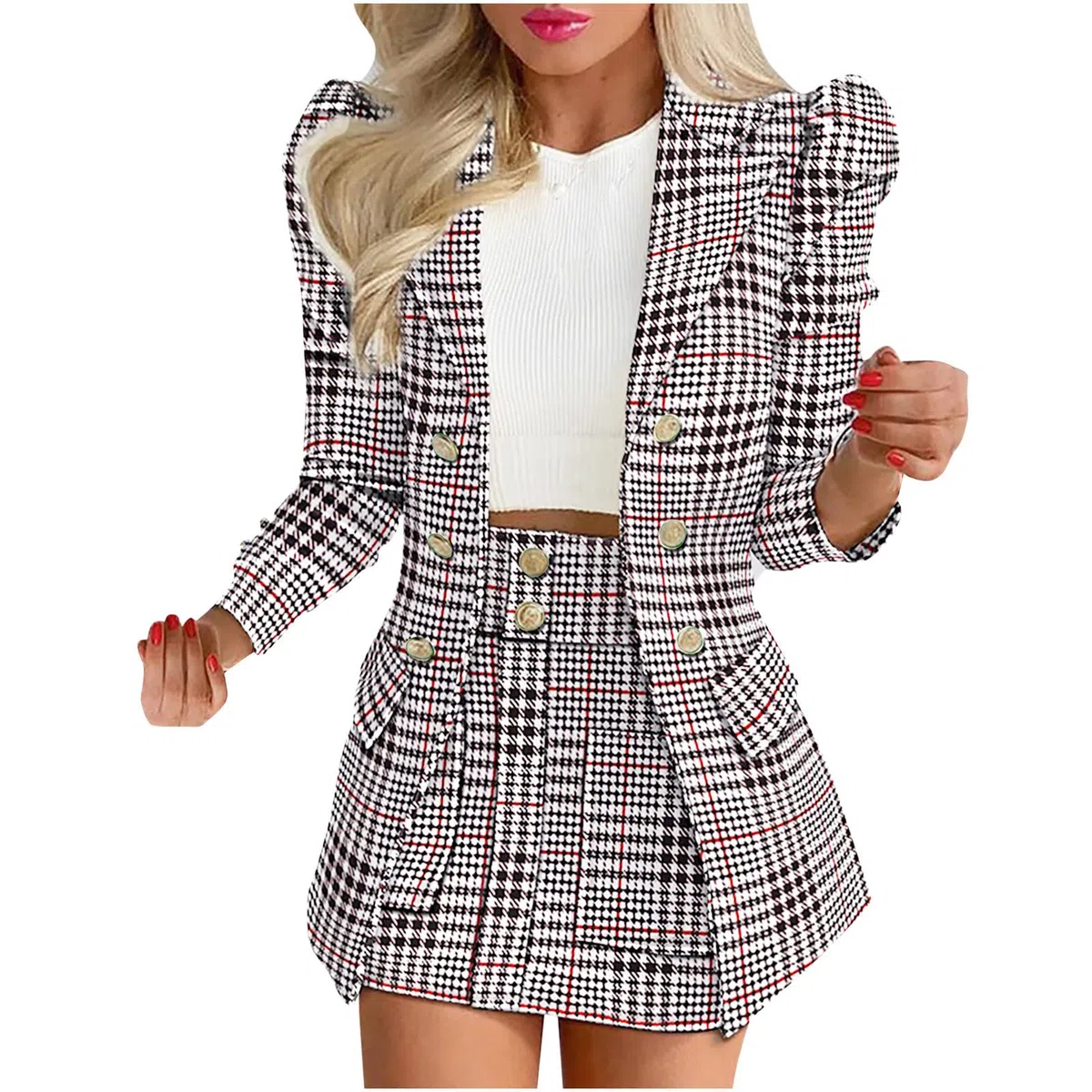 2025 Zweiteilig Damen Elegant Hochzeit 2 Teiliger Business Blazer mit Kurzem Anzug Rock Zweiteiler Elegant Anzug Set Langarm Kleine Sommer Leicht Blazerjacke Anzugjacke und A-Linie Rock Set