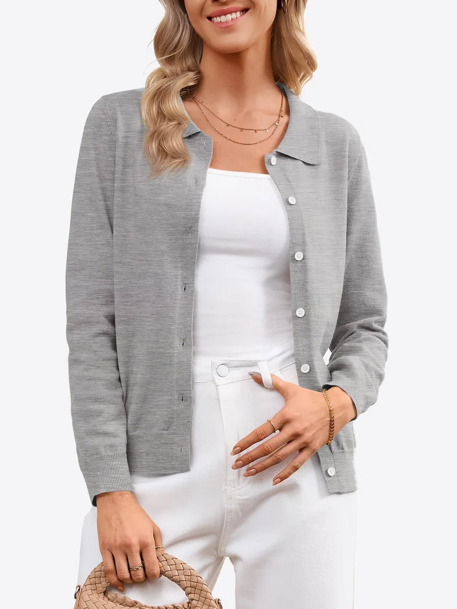 Cicy Bell Strickjacke Damen Kurz Leichte Langarm Cardigan Dünne Elegant Rundhals Tops Casual Basic Strickweste Knopfleiste Pullover