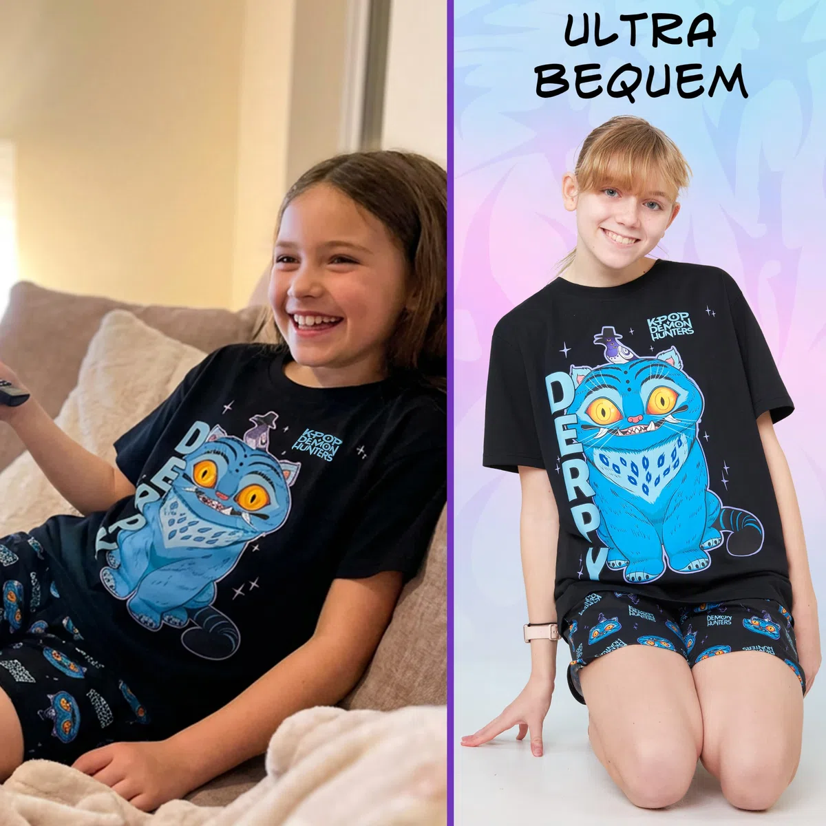 KPop Demon Hunters Schlafanzug Mädchen 116-164cm, 2-Teilig Sommer Pyjama Set mit Kurzarm T-Shirt und Schlafanzug Kurz, Geschenke für Mädchen