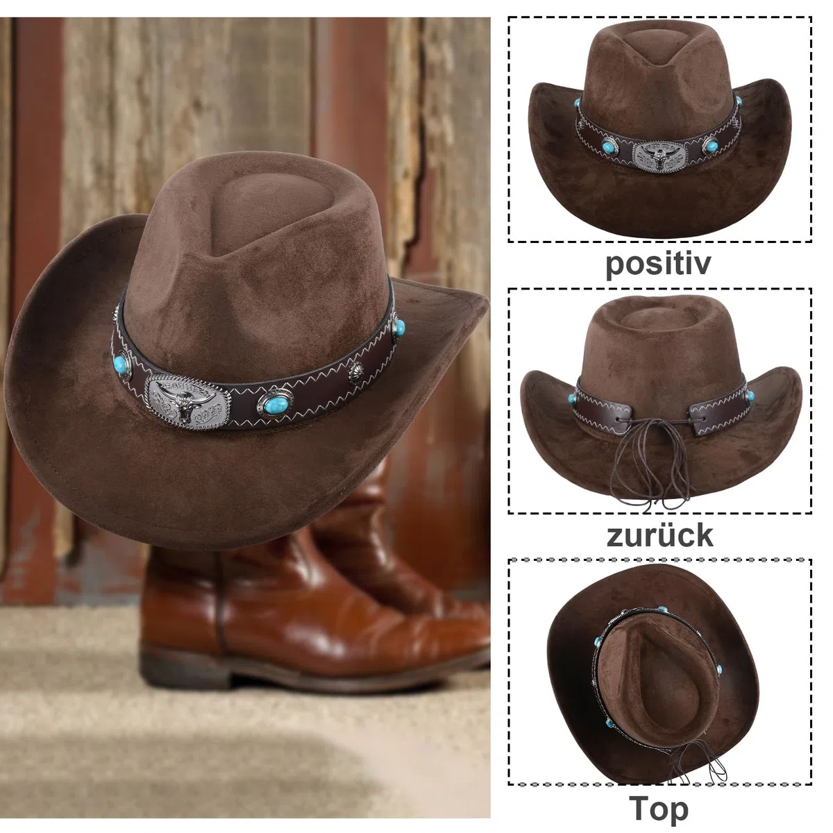 Cowboyhut für Damen & Herren | Atmungsaktiver Kunstvelourshut mit verstellbarem Innenband (56-58cm) | Western Style mit 7cm Krempe für Outdoor