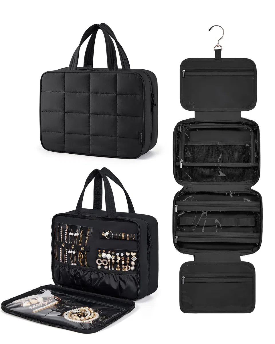 BAGSMART Kulturbeutel zum Aufhängen, Kulturtasche für Damen, Kosmetiktasche Groß, Toilettentasche Damen Reise Schmuck Organizer, Puffy Makeup Cosmetic Bag Organizer, Schwarz