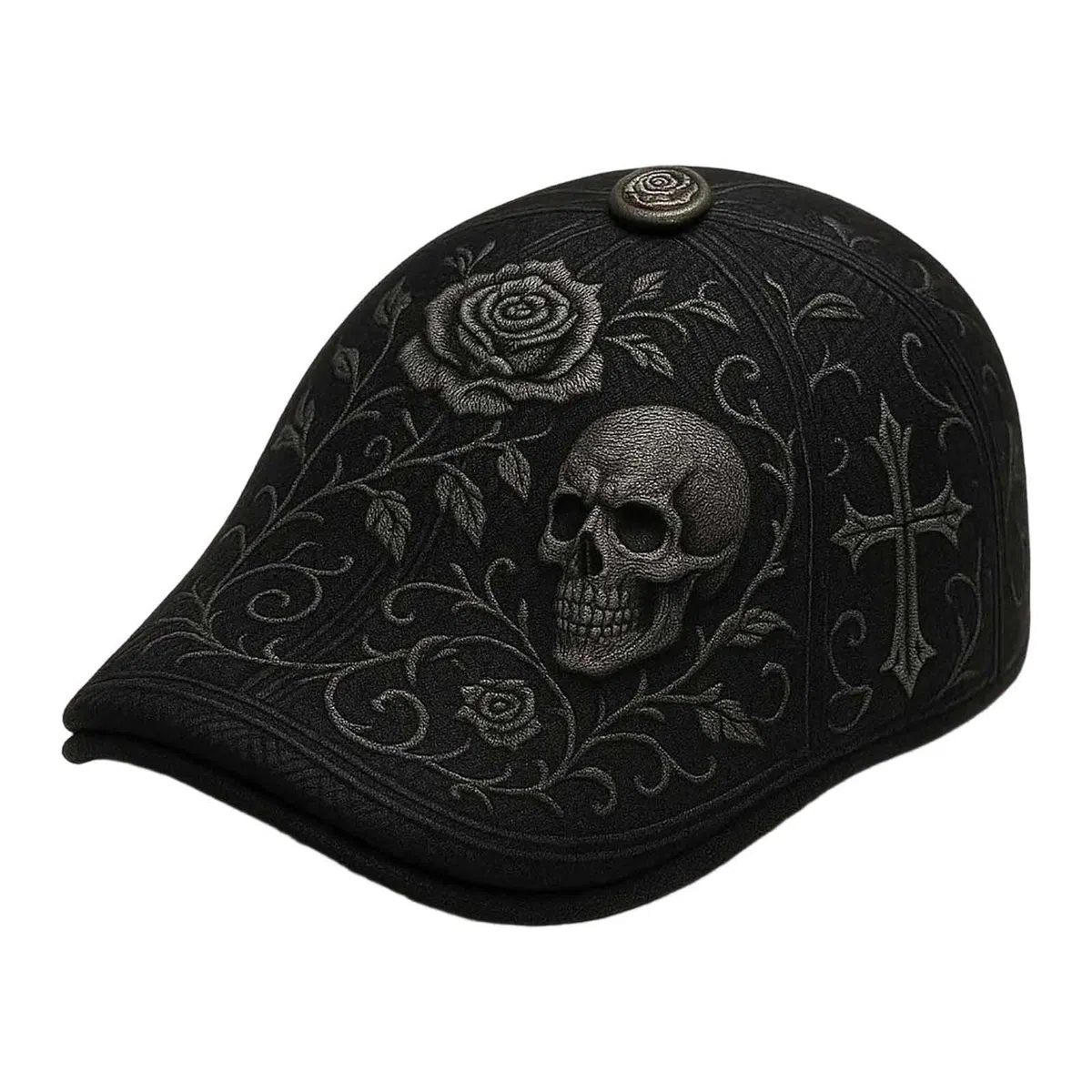 Schiebermütze mit Totenkopf und Dorn, verstellbare Mütze im Retro-Stil mit Totenkopf-Rose und Kreuz-Elementen, Retro-Enthusiasten, Geschenk für Männer und Frauen