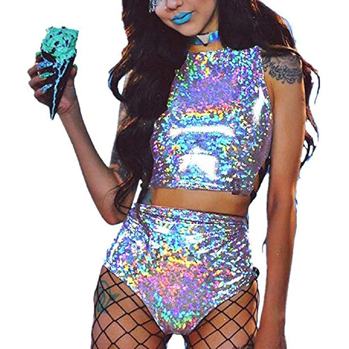 Zweiteiliges Rave-Outfit für Damen, sexy, holografisch, reflektierend, rückenfrei, Tank-Tops und Shorts, Set für Tanz, Festival, Party, Mode, Clubwear