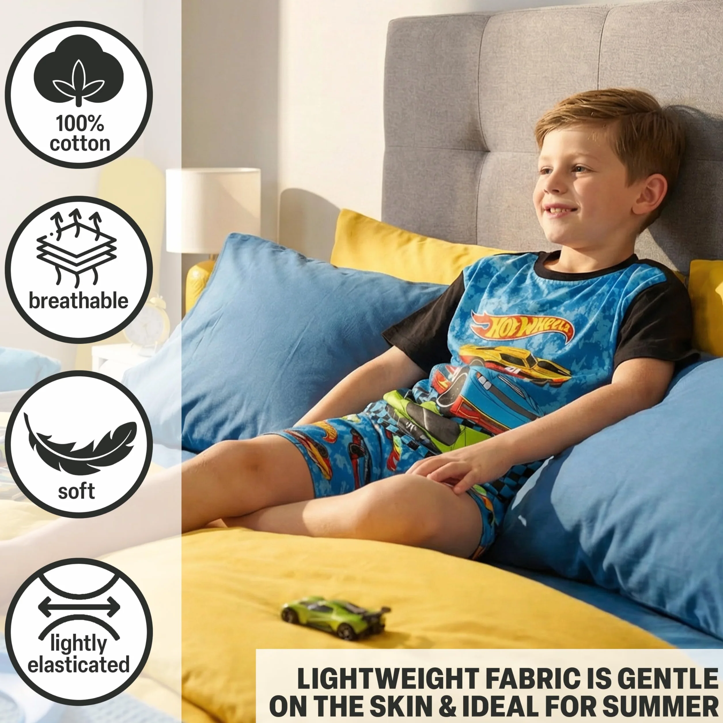 Hot Wheels Pyjama Jungen 2-6 Jahre, 2-Teilig Baumwolle Kurz Schlafanzug Kinder mit Kurzarm T-Shirt, Sommer Nachtwäsche, Geschenke für Kinder