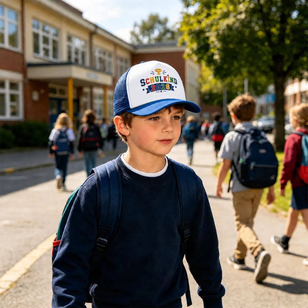 AHEJIOO Einschulung Geschenk – Baseballcap mit Pokal-Motiv – Schulkind 2026 Junge Schultüte füllung, Ideales Schulkind Einschulung Junge Outfit Accessoire, Blau-Weiße Mütze für den Ersten Schultag