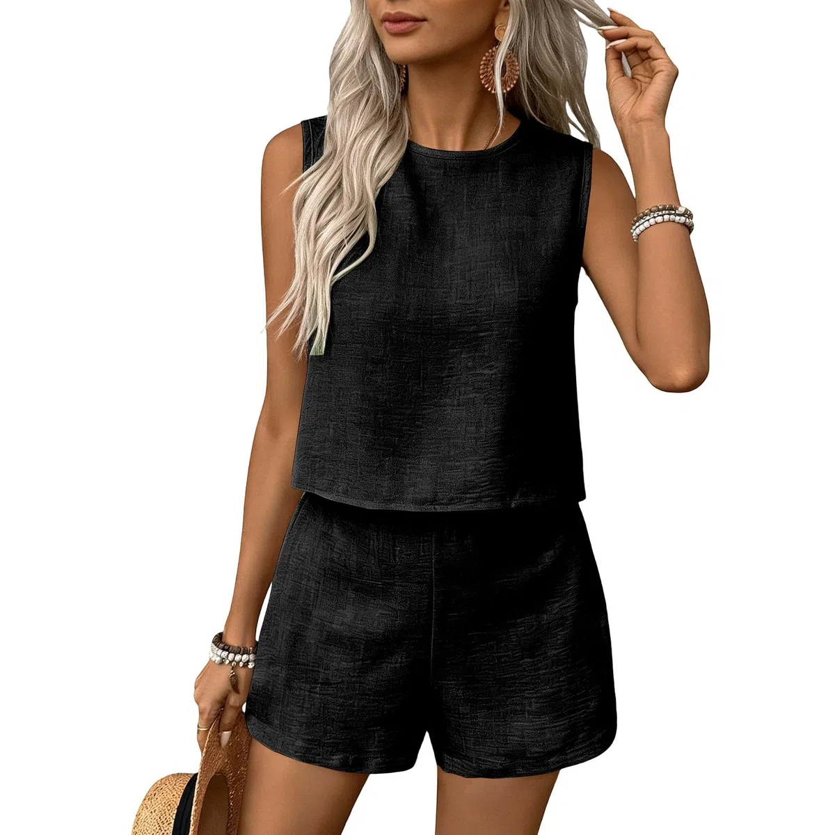 Zweiteiler Damen Sommer Leinen Tank Top und Weite Shorts Musselin Hosenanzug Leichte Einfarbig 2-Teilig Atmungsaktiv Loungewear Ärmellose Freizeitanzug Modische Tracksuit